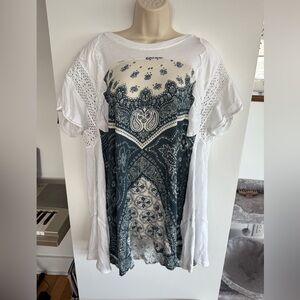 Free People White and Dark Blue Bandana Print Short Sleeve Top